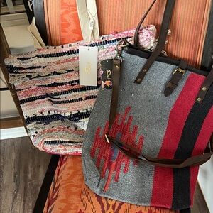 2 TAJ Handwoven Rag Tote & Red Tote Bag with Leather Straps(lot of 2)